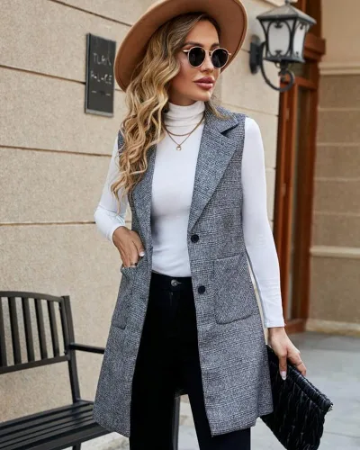 Vista 4 de Kedera Chaleco largo de un solo pecho para mujer, casual, sin mangas, con bolsillo, ropa de abrigo larga