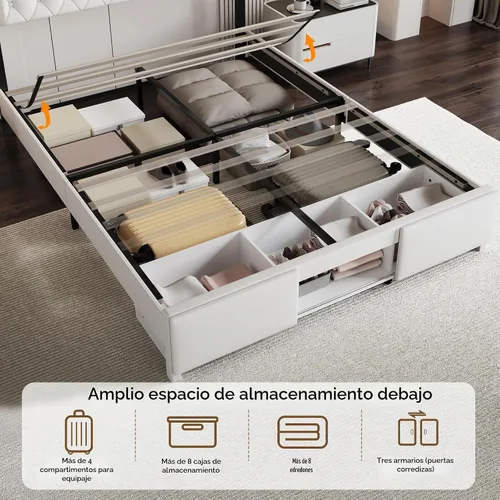 Vista 9 de Base de cama Queen con cabecera capitoné con botones, base de cama tapizada tamaño Queen con luces LED, estación de carga, almacenamiento