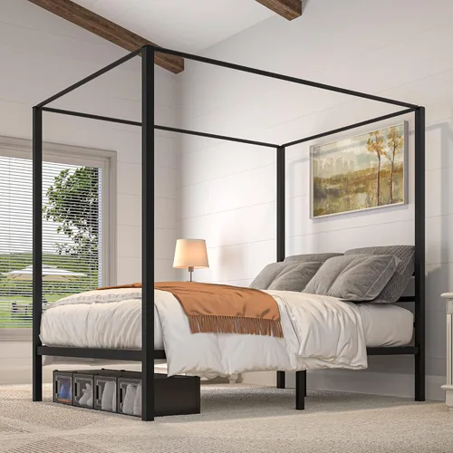 Vista 10 de YITAHOME Marco de cama de metal con dosel de cuatro pósteres, plataforma de cama de 14 pulgadas con cabecera incorporada, soporte de colchón