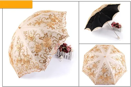 Vista 63 de Honeystore Sombrilla bordada con flor 3D plegable UV con encaje clásico
