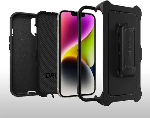 Vista 4 de OtterBox Funda de la serie Defender para iPhone 14 Plus - Negro, resistente y duradera, con protección de puerto, incluye clip de funda y soporte