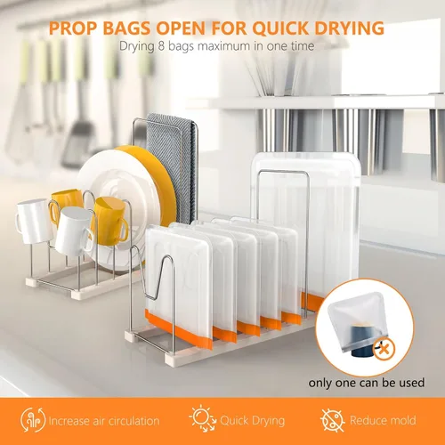 Vista 5 de Estante de secado de bolsas reutilizable, estante de secado de bolsas de silicona, estante de secadora para galón Ziplock, aperitivos, bolsas