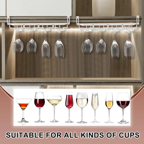 Vista 7 de AUHOKY Estante ajustable para copas de vino debajo del gabinete, soporte de metal para copas de vino de 4 filas, sin perforaciones, organizador
