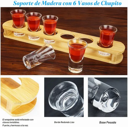 Vista 3 de D&Z Vasos de chupito de 1 oz con soporte, juego de vasos de chupito en bandeja de madera de bambú, 6 vasos de chupito de base pesada para whisky