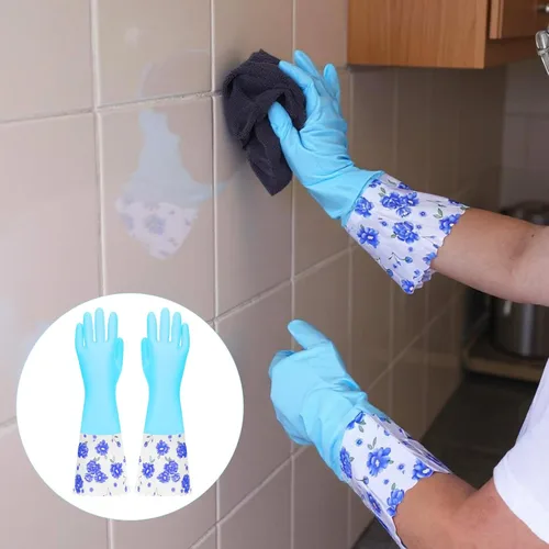 Vista 6 de 2 pares de guantes de limpieza de goma para el hogar, cocina, lavavajillas, guantes de puño largo con forro flocado de algodón, reutilizables