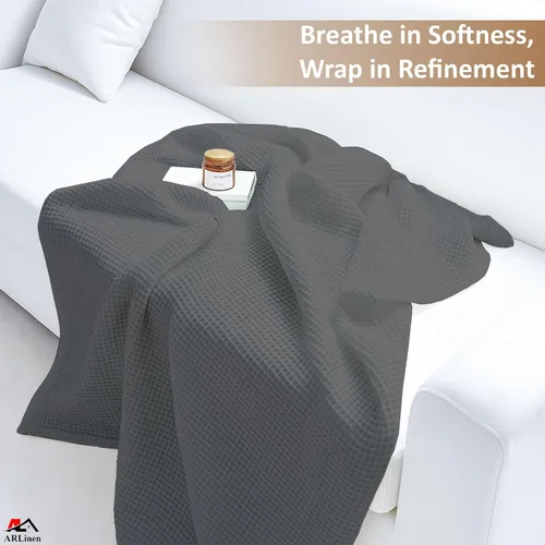Vista 7 de Manta de cama de gofres, 100% algodón, suave, ligera, transpirable, manta térmica para todas las estaciones, tamaño matrimonial, gris oscuro