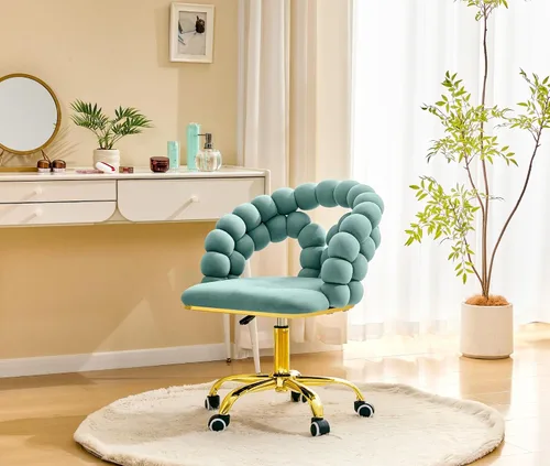 Vista 9 de Velvet Swivel Desk Chair with Bubble Back, Adjustable Height Computer Chair with Gold Metal Base, Modern Rolling Vanity Chair for Home Office (Beige)