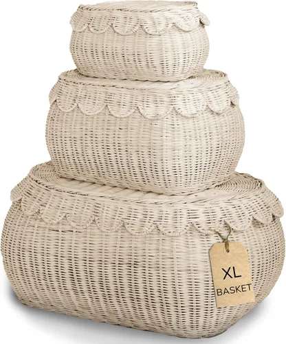 Vista 10 de BEBE BASK Juego de 3 cestas festoneadas grandes, tejidas a mano y galardonadas, tamaño XL, para mantas de 22 x 16 x 10 pulgadas, elegante mimbre