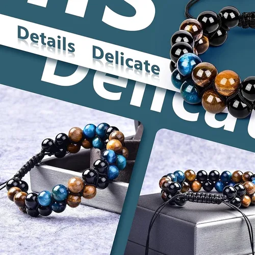 Vista 5 de Triple Protection Bracelet, 8mm 10mm Natural Stone Beads Obsidian Tiger Eye Hematite, Double Layer Hand Healing Crystal Stretch Bracelet,Protection