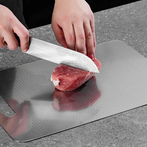 Vista 3 de Tabla de cortar, tabla de cortar de acero inoxidable, diseño de doble cara de 13.39 x 9.06 pulgadas, antidaños, herramienta de cocina para verduras