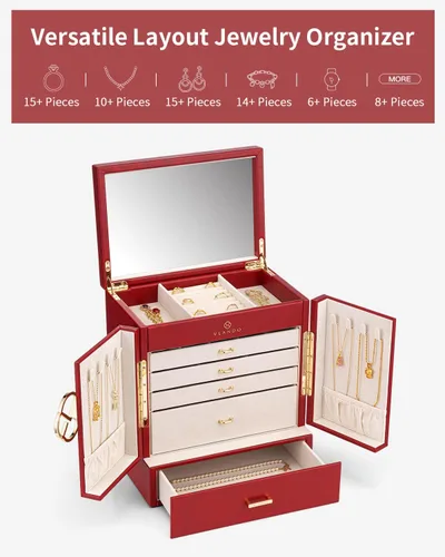 Vista 3 de Vlando Joyero y organizador, organizador de joyas de piel sintética para mujeres y niñas, 6 capas de espejo, caja de almacenamiento con 5 aretes