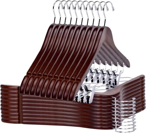 Vista 11 de Perchas de madera de calidad para faldas con clips, paquete de 10 perchas lisas de madera maciza para pantalones con clips de metal ajustables