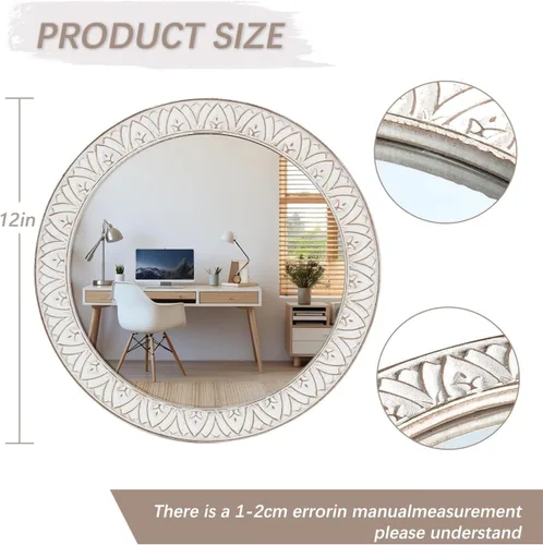 Vista 2 de Espejo redondo de 12 pulgadas con marco de madera para granja, espejo rústico decorativo envejecido montado en la pared para baño, dormitorio, sala