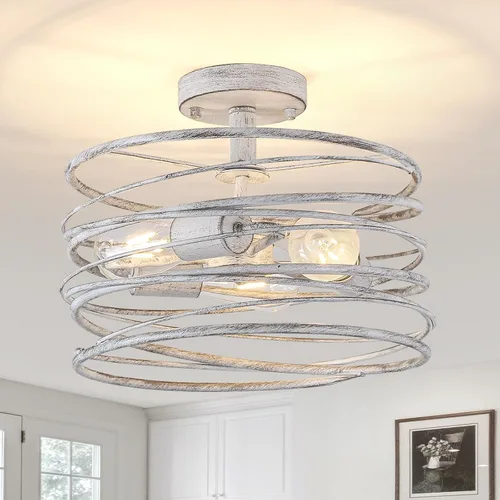 Vista 11 de Lámpara de techo de 3 luces rústica en forma de tambor, lámpara colgante semiempotrada negra, candelabros de granja retro de metal tipo jaula