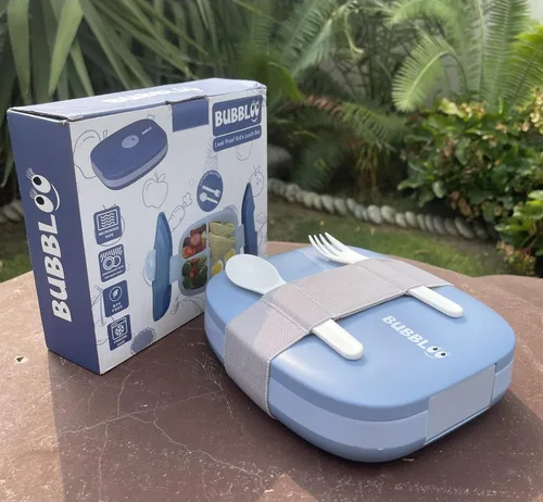 Vista 2 de BUBBLOO - Lonchera Bento para niños con cubiertos, 3 compartimentos ideales para porciones, bandeja de plástico extraíble sin bisfenol A, lonchera a