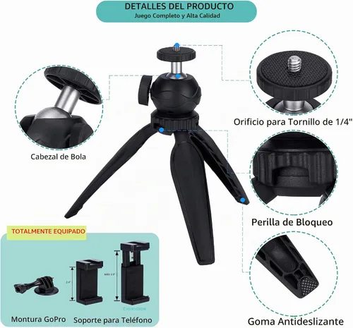 Vista 5 de Mini trípode para cámara con soporte para teléfono y soporte GoPro, cabezal de bola 360, negro, compatible con DSLR, GoPro, Smartphone, Webcam