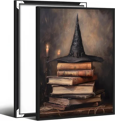 Vista 37 de Arte de pared vintage de Halloween embrujado de granja, parche de calabaza rústica con bonitos fantasmas, póster impreso en lienzo espeluznante