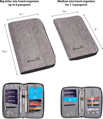 Vista 6 de Valante - Organizador de documentos de viaje familiar prémium con capacidad para pasaporte RFID, Gris, L, Cartera RFID
