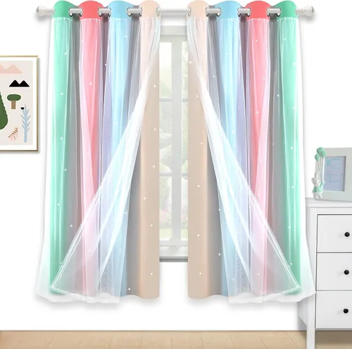 Vista 15 de Cortinas opacas con recorte de estrellas y arcoíris para guardería/habitación de niños/niñas, con superposición de tul, 2 paneles, cada una de 52