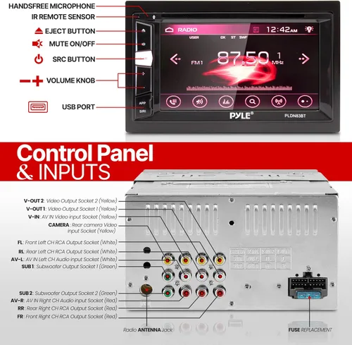 Vista 4 de Pyle Reproductor de DVD estéreo para coche Double Din Bluetooth con pantalla táctil integrada en la consola, estéreo de coche con USB/SD, MP3