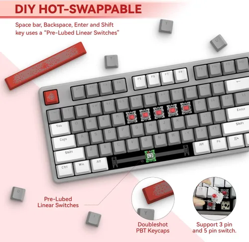 Vista 2 de Magic-Refiner AK873 Teclado para juegos, retroiluminación LED arcoíris, interruptor rojo lineal intercambiable en caliente, tecla PBT, diseño TKL