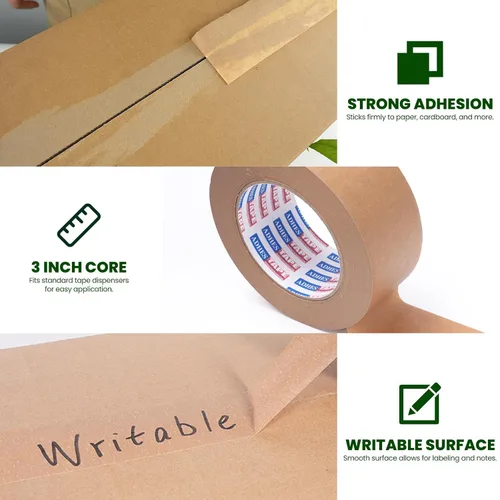 Vista 3 de ADHES - Cinta de papel kraft con dispensador, 2 pulgadas x 55 yardas x 3 rollos - Cinta de embalaje marrón ecológica, adhesivo fuerte, dispensador