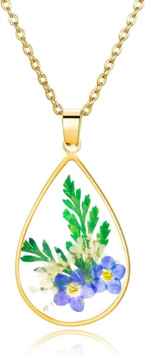 Vista 50 de Collar de flores silvestres prensadas con encaje de Forget-Me-Not y Queen Anne Collar de flores prensadas de oro Collares hechos a mano