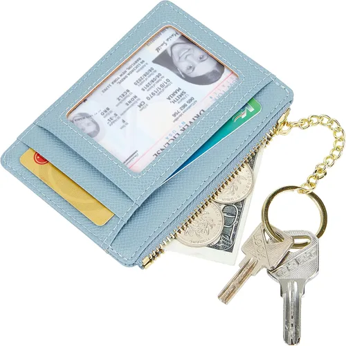 Vista 31 de Tarjetero delgado minimalista para mujer, monedero, monedero, llavero con bolsillo frontal con ventana de identificación