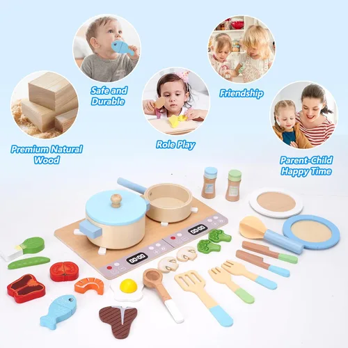 Vista 3 de Accesorios de cocina de juguete, juego de cocina de madera, juego de cocina de simulación para niños, incluye estufa, ollas y sartenes de cocina
