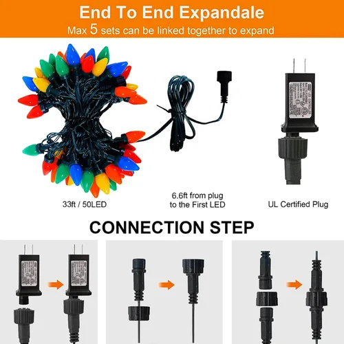 Vista 3 de Luces de Navidad con Bombillas C9, 33 pies, 50 LEDs Guirnaldas de Luces de Navidad para Exteriores, 5 Juegos Conectables, IP65 Impermeable