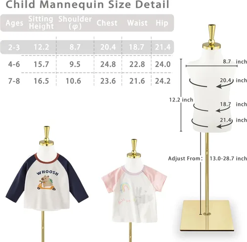 Vista 2 de Maniquí de forma de vestido para niños, maniquí ajustable para niños con soporte de metal dorado de alta estabilidad para exhibición de ropa, 2-3