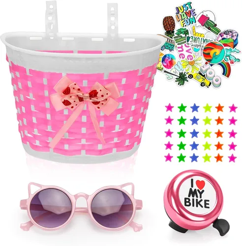 Vista 9 de Cesta infantil para niñas y niños, accesorios de bicicleta con calcomanías de campana, radios de rueda, gafas de sol para montar, decoraciones
