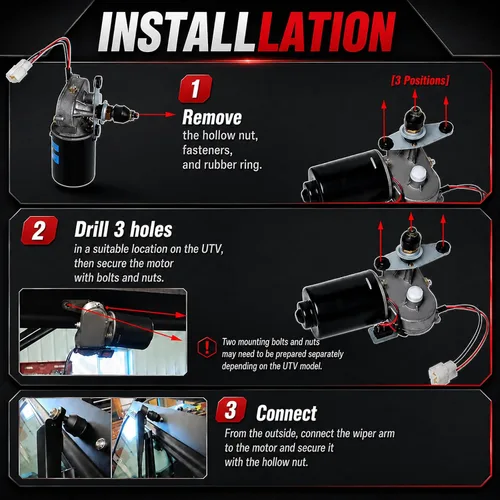 Vista 4 de Kit de limpiaparabrisas UTV de 12 V con hoja de 16 pulgadas, conjunto de motor de barrido de 90° Kit de limpiaparabrisas eléctrico Polariss RZR