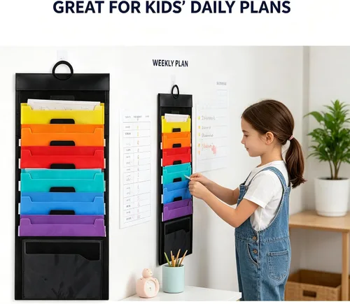 Vista 3 de Organizador de archivos de pared colgante, carpeta en cascada A4 de 6 Azul