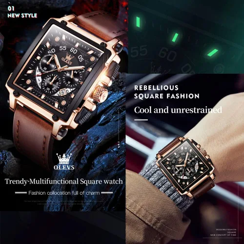 Vista 4 de OLEVS Reloj multifunción de cuero para hombre, reloj cuadrado clásico de cuarzo, para hombre
