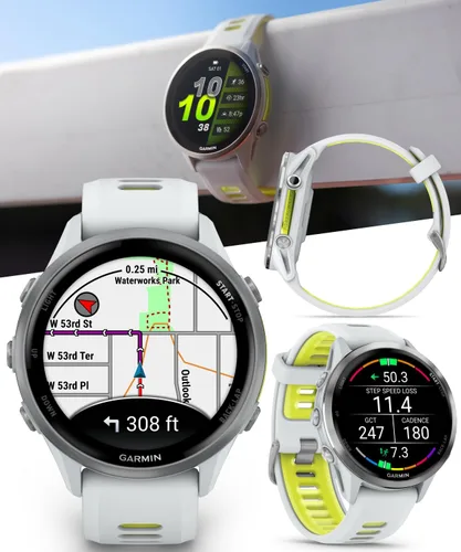 Vista 2 de Garmin Forerunner 955, reloj inteligente para correr con GPS, adaptado a triatletas, batería de larga duración, Whitestone con auriculares blancos