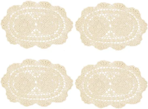 Vista 8 de kilofly Manteles individuales de encaje de algodón de ganchillo, 4 unidades, ovalados, beige, 9 x 13 pulgadas