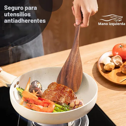 Vista 5 de Jilla-hla Espátula de madera antiadherente con mango largo de acacia, espátulas planas para freír hechas a mano para regalos de cocina, utensilios