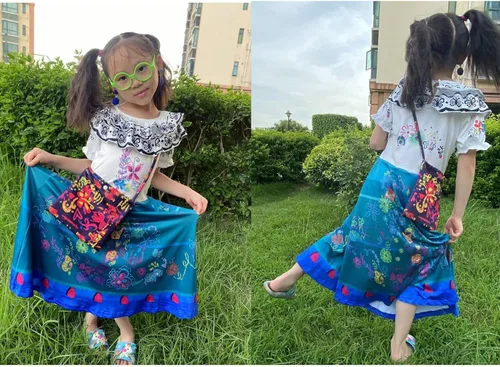 Vista 6 de Avady Encanto Dress for Girls Cosplay Mirabel Princess Birthday Halloween Christmas Party Dress Up With Full Accessories