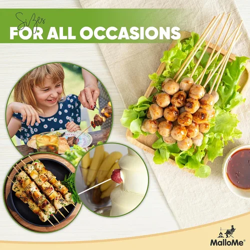 Vista 4 de MalloMe Pinchos de bambú XL de 8 pulgadas, 100 unidades, palitos de bambú de 0.157 pulgadas de grosor, brochetas de madera resistentes para asar a