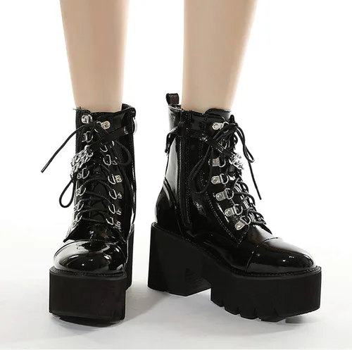 Vista 4 de rui yue Botas de plataforma para mujer, punta redonda, botas de tobillo gruesas, botas punk, con cordones y cremallera, botas de combate