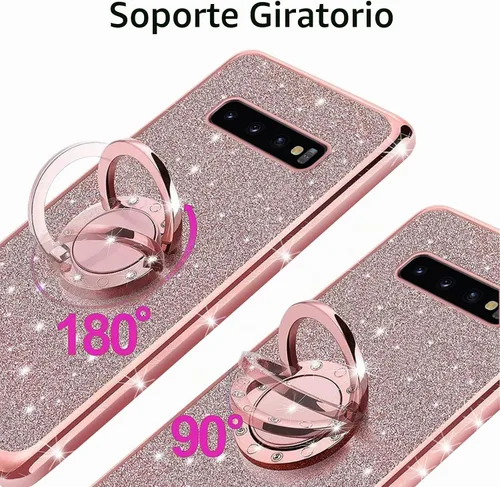 Vista 3 de Funda para S10 Plus, Galaxy S10 Plus 2019 para mujer con purpurina de cristal suave y transparente, TPU Bling funda protectora con correa de pie