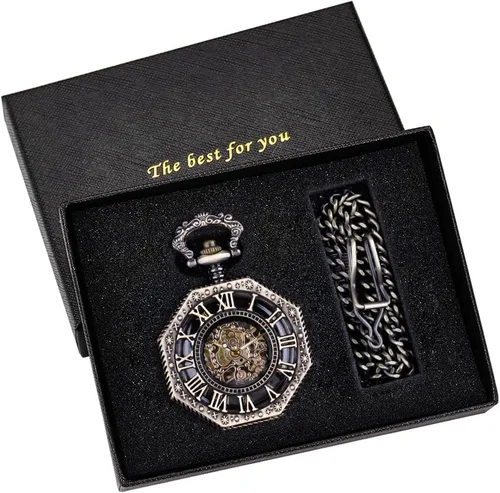 Vista 2 de Bronze Men's Antique Mechanical Pocket Watch, Skeleton Mechanical Roman Numerals Pocket Watch with Chain + Box