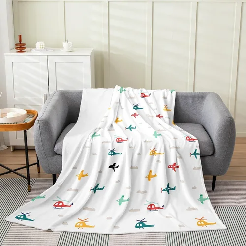 Vista 16 de Castle Fairy Manta de forro polar Sherpa con estampado de aviones para niños, manta de franela de dibujos animados para sofá, avión, azul y blanco