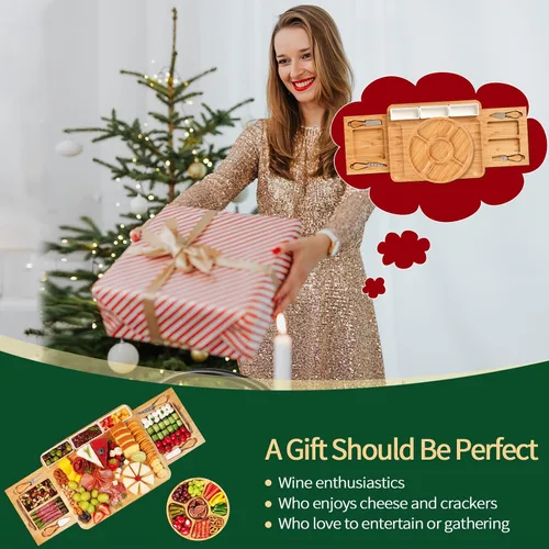 Vista 6 de YZS - Juego de tabla de charcutería, juego de tabla de queso y cuchillo con bandeja de queso, plato grande de bambú para queso y carne, regalo