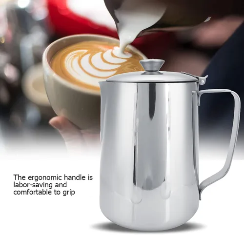 Vista 7 de Taza de café de acero inoxidable, jarra de espuma de leche con tapa para café con leche, jarra de espuma de leche de 11.8 fl oz, jarra de espuma