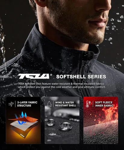 Vista 4 de TSLA - Chaleco Softshell sin mangas para hombre, chaleco cortavientos con cremallera completa, chaleco de senderismo, golf, viajes al aire libre.