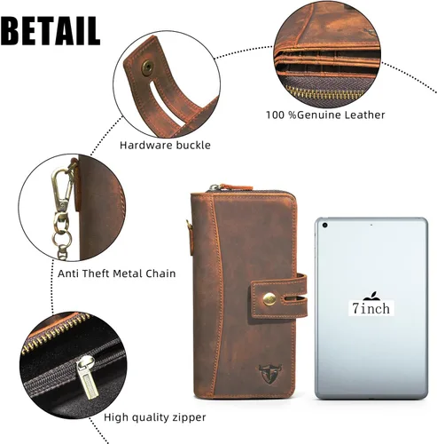 Vista 6 de Handadsume Genuino caballo loco cuero viaje regalo moneda bolsillo tarjeta caso largo organizador cadena Rfid monedero con broche para hombres