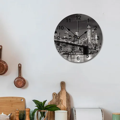 Vista 5 de Brooklyn Bridge - Reloj de pared iluminado con diseño de horizonte de la ciudad de Nueva York, 10 pulgadas, funciona con pilas, reloj de pared