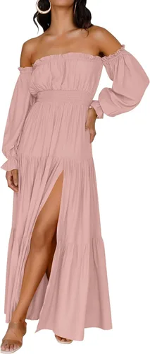 Vista 49 de ZESICA - Vestido largo, bohemio y sexy, con hombros descubiertos y manga larga fruncida, con elástico fruncido, cintura alta y abertura lateral